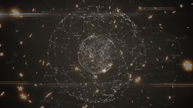 Small white dots forming, wire sphere rotating pulsing as glyphs fading to show data flow