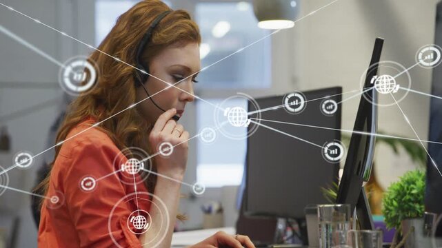 Customer support agent typing and speaking on call, causing network icons to expand over frame