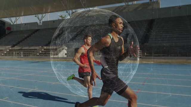 Start gun firing, lead runner extending gap while trailing runner chasing, sports orb tracking