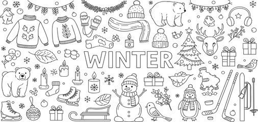Obraz premium Winter Doodle Collection with Snowman Sweater Bear Penguin Gifts and Seasonal Elements Hand Drawn Outline Vector Illustration Set