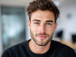 Fototapeta premium Young Man With Beard and Light Eyes Smiles While Sitting in a Modern Office Space During the Day
