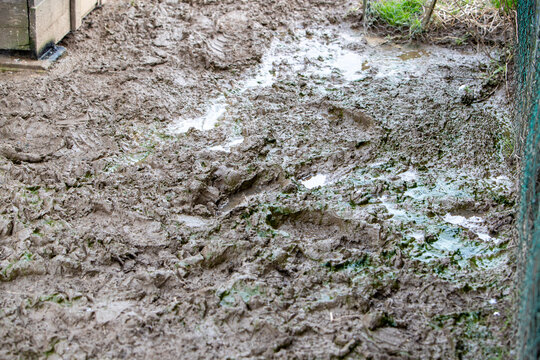 La texture boueuse et humide du sol apr&egrave;s de fortes pluies. Des empreintes de bottes boueuses dans le sol humide dans un jardin.
