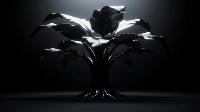 Dramatic monochrome illustration of single abstract tree in darkness, spotlight on leaves and roots. 