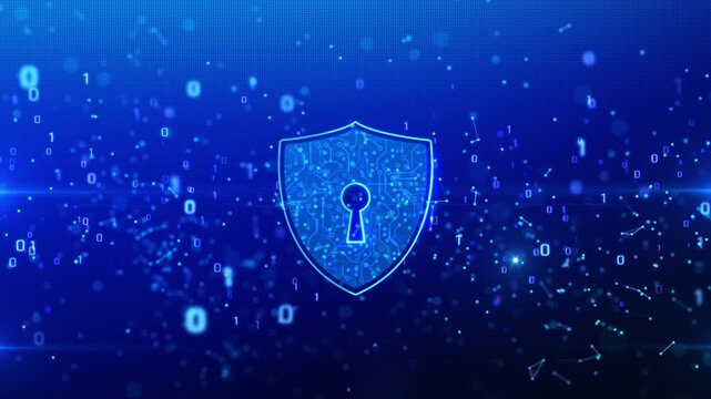 Glowing digital shield with keyhole over abstract binary network and connected data particles. Concept of cybersecurity, encryption, privacy protection and secure online technology concept