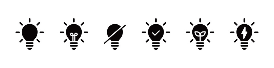 電球の点灯と消灯やエコとチェックマークのアイコンセット(ベクター)