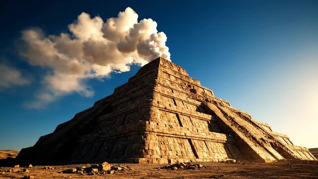 Majestic Chichen Itza pyramid under blue sky with striking cloud formation, ancient architecture, travel destination and historical landmark, Yucatan Mexico.