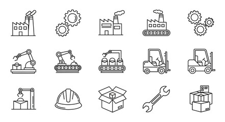 Industrial manufacturing and factory production line icons and symbols. © Nilam