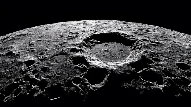 The lunar surface displays various craters, with dark shadows highlighting its features under a deep black sky