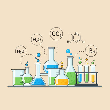 Chemistry Lab Equipment with Bubbling Liquids and Chemical Formulas
