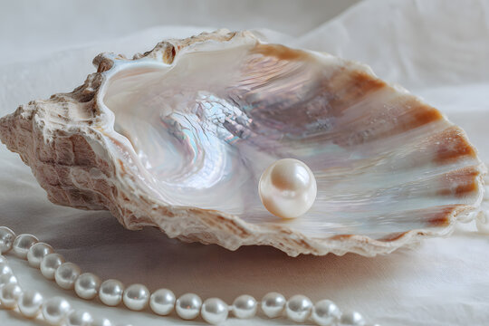 Shell holds a round pearl next to a string of small pearls on soft white fabric in gentle light