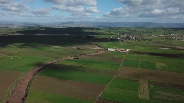 Panoramic drone shot over fertile Moroccan farmlands. Captures the vast green and brown fields divided by a winding irrigation river, showcasing the beauty of rural agriculture near Larache.