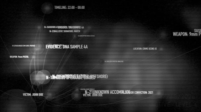 Black and white digital interface displaying rotating crime case terminology and investigation nodes. Ideal for archival themes and forensic research visualizations.
