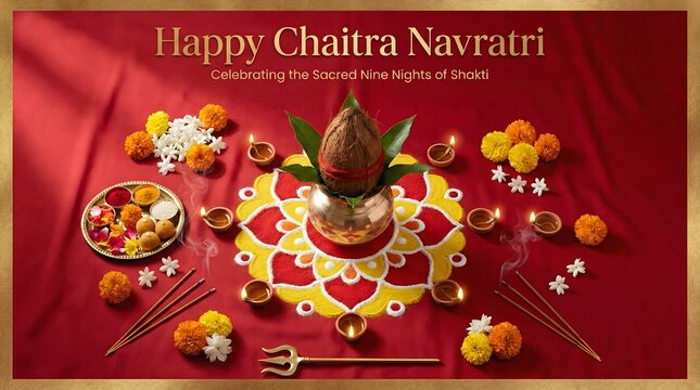 Happy chaitra navratri celebration with decorative items and floral arrangements on red background