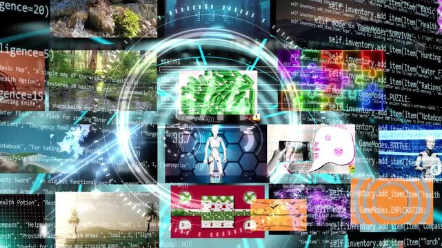 collage animation with many small videos montage with application developing code of streaming services