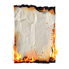 A high-quality image of a burnt paper with flames, crumpled and charred edges, conveying a sense of destruction and chaos, isolated on a transparent background.