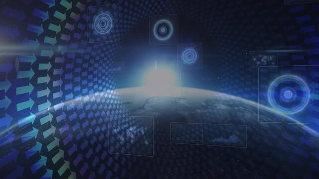 Rising planet horizon flare sparking pulsing HUD circles shifting tiled wall showing data overlays