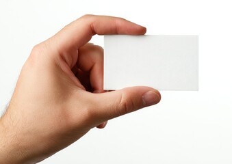 Obraz premium A hand holds a blank rectangular card against a white backdrop, close-up shot (1)
