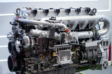 Close-up of internal combustion diesel engine used in large trucks
