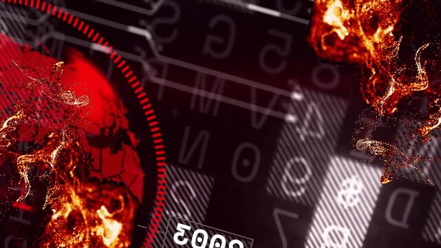 Camera tilting starting ember clusters drifting, red globe rotating, grid pulsing for 2005 timeline
