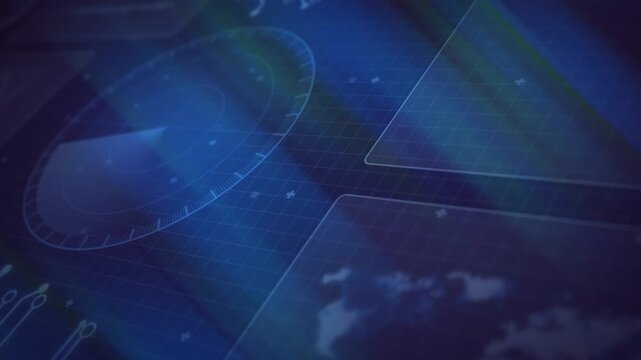 Teal streaks sweeping, radar dial rotating tri sector clockwise, panels pulsing, showing live data