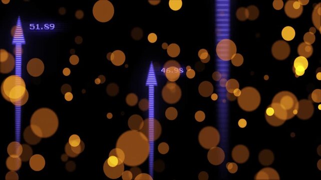 On sequence start dense orange bokeh drifting while purple arrows rising to show numeric shifts