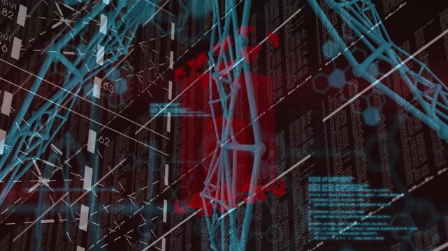 Red heatmap rising behind turquoise lattice, shifting with angled scan lines, showing network flow