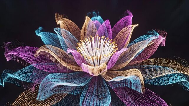 Colorful light display of a flower shape with changing patterns shown in a dark space during an art show