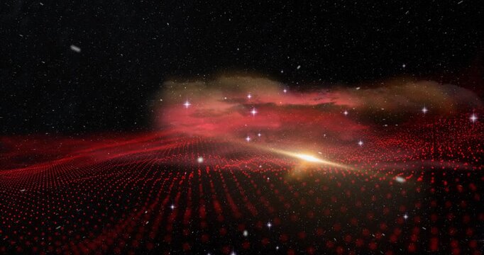 Flare forming, nebula and golden flare lighting grid, camera moving forward revealing horizon