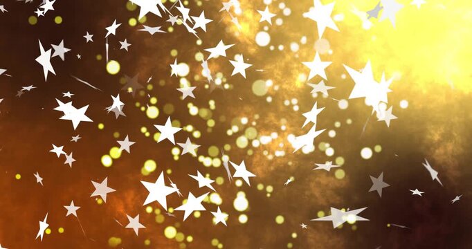 Top-right golden glow sparking white star sprites and yellow bokeh, drifting, rotating to add depth