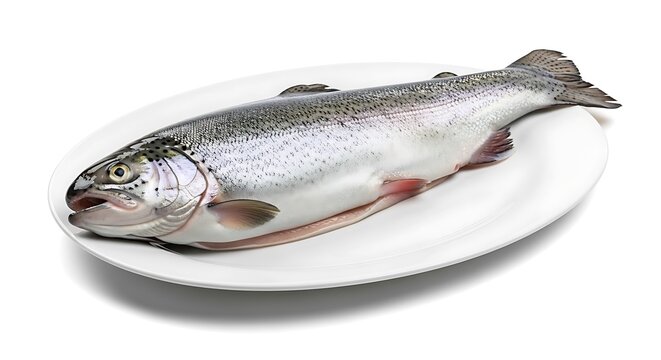 Freshly prepared whole rainbow trout displayed on a white plate with a clean presentation. forellen