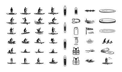 Fototapeta premium Stand Up Paddleboarding Icons Collection Minimal Black and White Water Sports Line Art Set