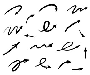 A collection of hand-drawn arrows. Elements with a wax pastel texture. Brush-drawn arrows with curls for school projects and creative accents, isolated on a white background.