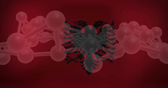 At start molecular chain entering left and swaying around centred black eagle emblem creating depth