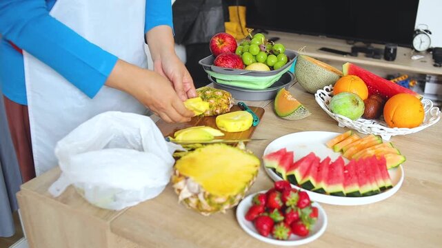 Hands preparing healthy snack by cutting tropical pineapple on wooden board
