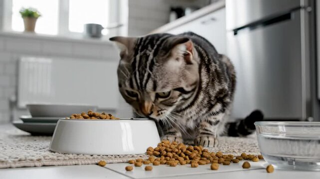 Cute tabby cat eats dry food from a white bowl in a bright kitchen with scattered kibble on the floor