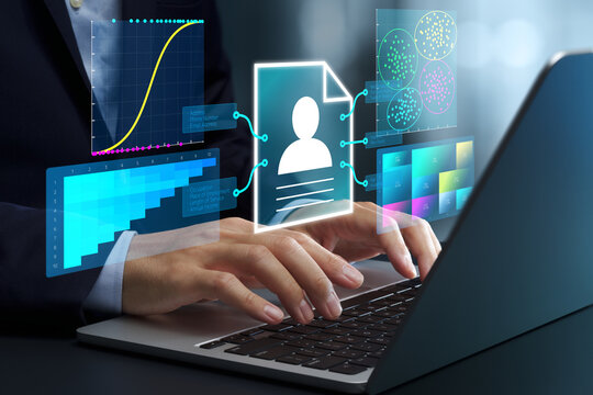 Customer profile analysis. Demographic and psychographic segmentation analytics. Marketer using predictive analytics to increase customer engagement on laptop computer.
