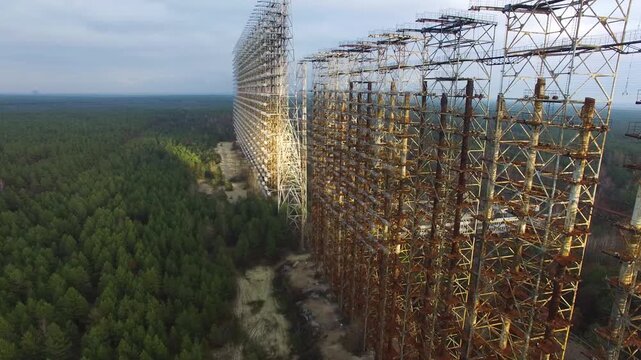 Aerial view of the massive Duga radar array, a Soviet-era relic in the Chernobyl Exclusion Zone.