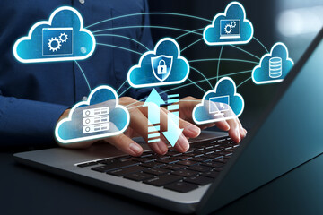 Multi cloud and cloud integration. Cloud computing scalability and optimization. Businessman using laptop computer with cloud applications.
