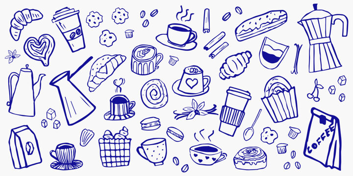 Set of cute cafe menu elements. Hand drawn collection of coffee, cake, matcha, bread, croissant, cookies, tea, latte art. Design for print, cartoon, wallpaper, restaurant, cafe, sticker.