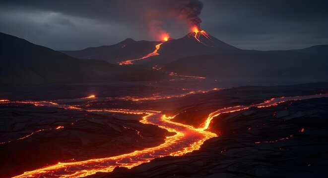 Volcanic eruption at night with lava flow and dark mountainous background