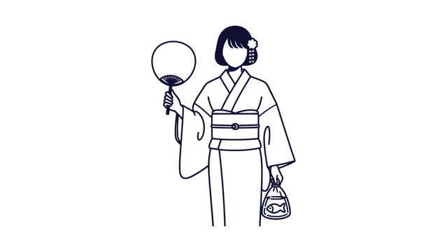 Elegant Japanese Woman Kimono Uchiwa Fan Goldfish Bag Minimalist Vector Illustration