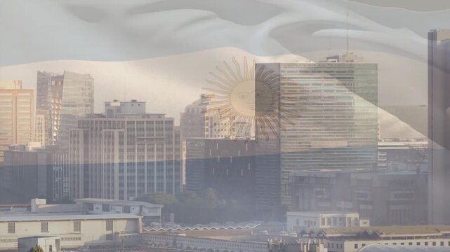 Soft sunlight initiating flag overlay undulating across skyline, folds revealing and hiding city