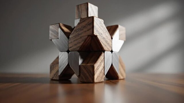 Wooden Puzzle Rotating On Table: Abstract Design Of Interlocking Wood Blocks Demonstrating Geometric Form