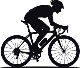 Fototapeta premium Cyclist silhouette riding road bike vector illustration, professional bicycle racer in helmet, dynamic cycling sport action isolated on white background, fitness and endurance concept