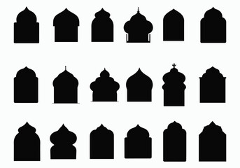 Islamic windows shapes. Oriental badge silhouettes, east gate frame with domes and traditional Arabian architecture arches or Mosque decorations vector set © Perfect Pixel Studio