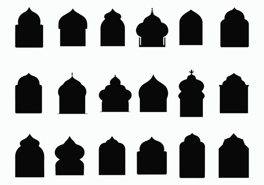 Islamic windows shapes. Oriental badge silhouettes, east gate frame with domes and traditional Arabian architecture arches or Mosque decorations vector set