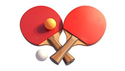Two red paddles crossed with ball between, another ball below, all on a black backdrop