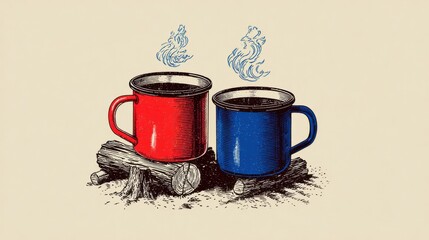Two Enamel Mugs with Hot Coffee on Log