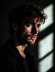 Fototapeta premium Dramatic low-key portrait of a young trendy man or woman with strong side spotlight, deep black shadows, minimalist background, intense gaze, and emphasized skin texture in cinematic style.