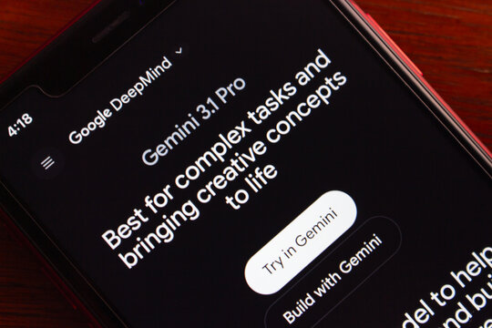 Quito, ECUADOR - Feb 23 2026 : Close-up phone display showing Google DeepMind Gemini 3.1 Pro page, highlighting AI assistant for complex tasks and creativity.